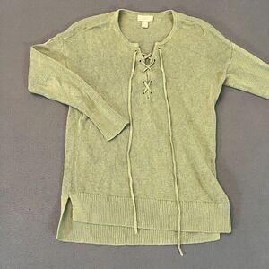 Loft Outlet Womens Sm Sweater Tunic Length Drop Linen V Neck Green LS Tie Rib‎
